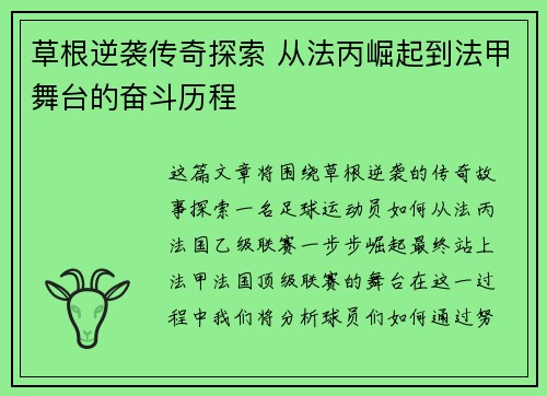 草根逆袭传奇探索 从法丙崛起到法甲舞台的奋斗历程
