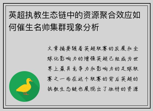 英超执教生态链中的资源聚合效应如何催生名帅集群现象分析