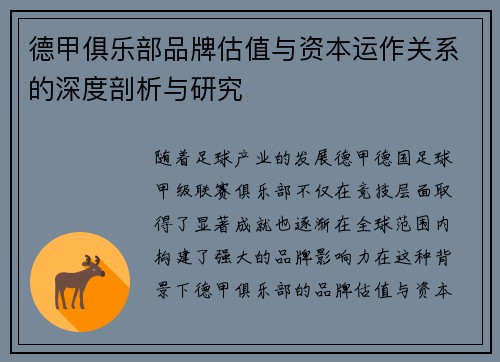 德甲俱乐部品牌估值与资本运作关系的深度剖析与研究