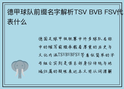 德甲球队前缀名字解析TSV BVB FSV代表什么